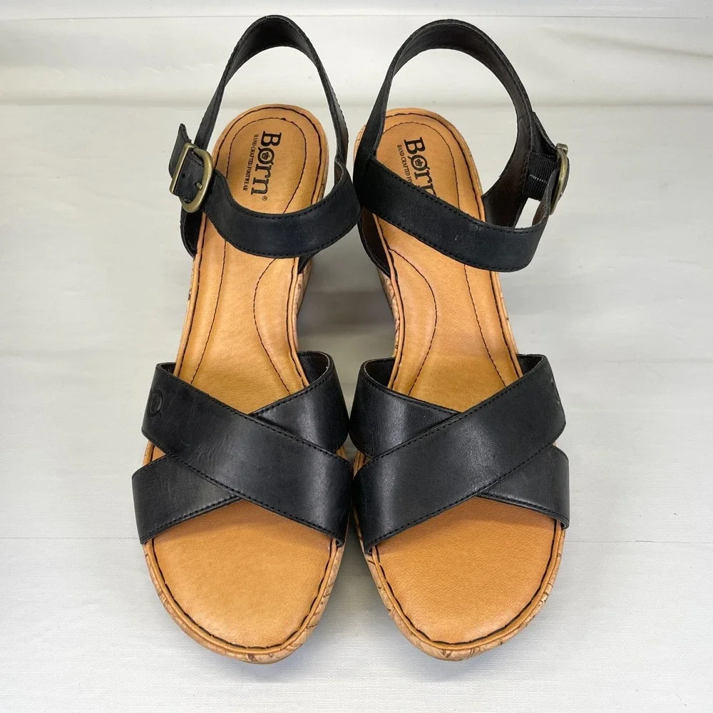Born Alaina Platform Wedge Sandals Womens Size 10 Black Leather Ankle Strap Shoe